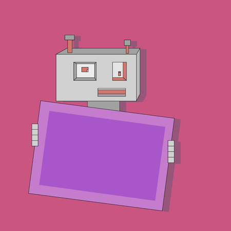 Cute cartoon flat robot with banner on pink background, template for web and print