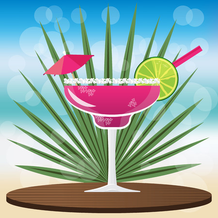 Fresh Margarita cocktail on wooden classic  tray to place your product , on blurred background with bokeh vector illustration for web and print, invitationのイラスト素材