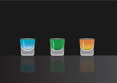 Blue Kamikaze , Absinthe, Boomerang Cocktail shots on black mirrored background. Vector illustration for web and print,  party invitation or menu decorationのイラスト素材