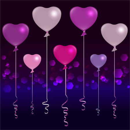 Valentines Day silver, pink and purple balloons on dark purple and deep blue background, cute romantic backdrop for web and print vector illustration.  Greeting card template, wedding invitationのイラスト素材