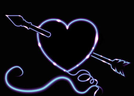 Cute luminescent neon heart with arrow and swirls curly lines, creative background. Valentines Day futuristic  Card  for web and print のイラスト素材