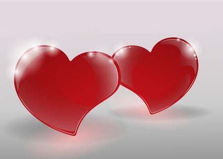 Valentines Day Card with mirrored shiny red hearts and  3d effect bright  gray background with tinsel, copy space template. Vector illustration for web and printのイラスト素材