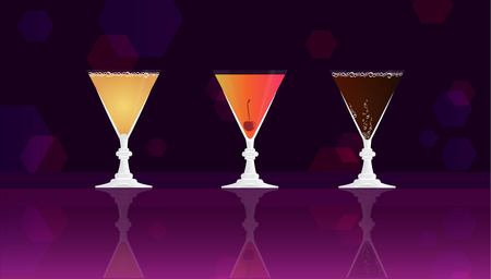 Grey Goose Cherry Noir,  Cherry Daiquiri Cocktail,  Cherry classic  on black -purple mirrored background.  Vector illustration for web and print,  party invitation or menu decorationのイラスト素材