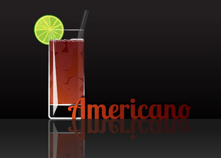 Official cocktail icon, The Unforgettable Americano cartoon illustration for bar or restoration  alcohol menu in elegant style on mirrored surface.のイラスト素材