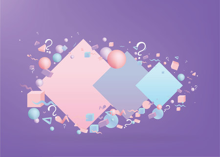 3d figures realistic vector primitives composition with question signs ,abstract minimalism with flying objects and  shapes in motion isolated .Material design for web and print futuristic decorationのイラスト素材
