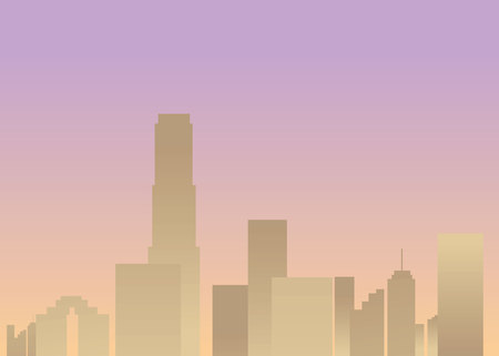 Sun rise city, cartoon vector illustration for web and print, hi-tech romantic, creative concept, pink and beigeのイラスト素材