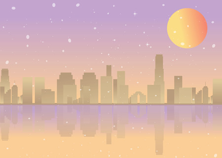 Sun rise city, cartoon vector illustration for web and print, hi-tech romantic, creative concept, pink and beigeのイラスト素材