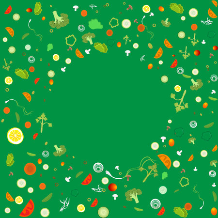 Vegetable pattern circle  frame for web and print decoration vector illustration on green backgroundのイラスト素材