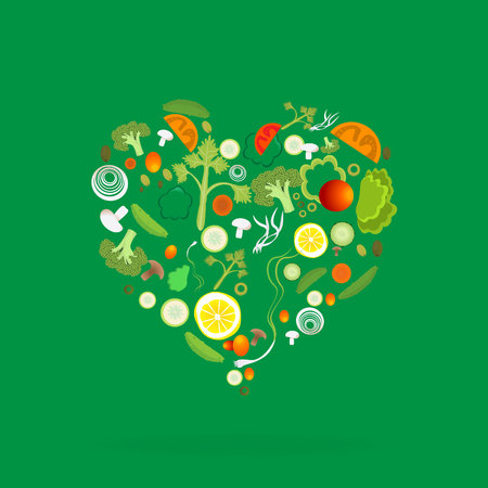 Heart of vegetable pattern for web and print decoration, vector illustration on green backgroundのイラスト素材