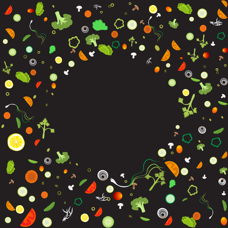 Vegetable pattern circle  frame for web and print decoration vector illustration on black backgroundのイラスト素材