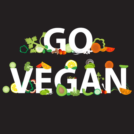 Heart of vegetable pattern with an inscription go vegan, for web and print decoration, vector illustration on black backgroundのイラスト素材