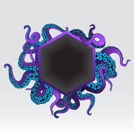 Futuristic  page template with colorful tentacles of an octopus frame, ocean motive flat cute cartoon illustration for web and print, cute decoration.のイラスト素材