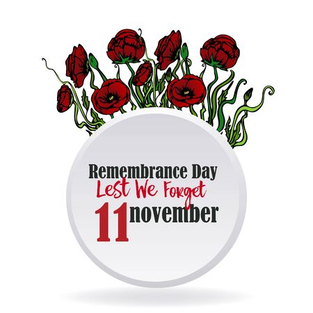 Remembrance day card with red poppies,  lest we forget, memorial day template design with hand draw flowersのイラスト素材
