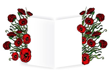 Open book template for web and print  white background with red flowers. Creative vector design, elegant with poppy flowers conceptのイラスト素材