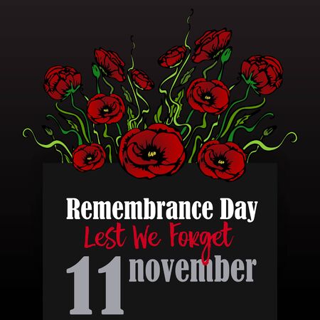 Remembrance day card with red poppies,  lest we forget, memorial day template design with hand draw flowersのイラスト素材