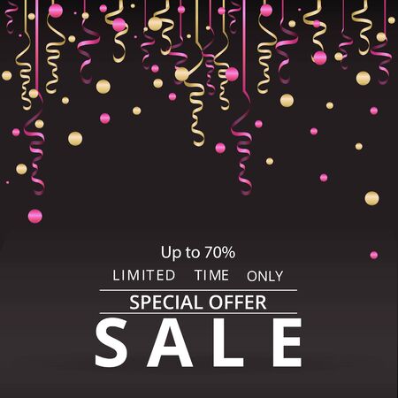 Sale flayer with confetti on black background, with golden and pink ribbons template for web and print decoration, with 3d effect. Creative  flayer promo template.のイラスト素材