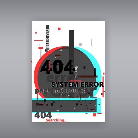 Glitch 404 page not found template. Tv distorted signal chaos, glitched effect distortion color photo dissolution and flaw glitches bug circles, vhs white noise destroyedのイラスト素材