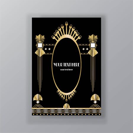 Art Deco page template, retro  style for web and print, city and the lights pattern with golden lines. Modern design for menu or flyer, luxury gentle のイラスト素材
