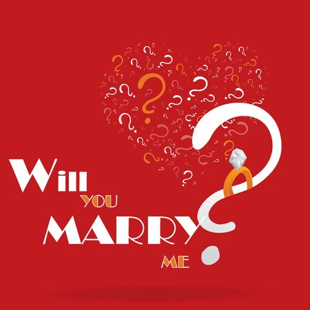 Will you marry me, cartoon drawing card  for web and print. Cute heart of white question signs.のイラスト素材
