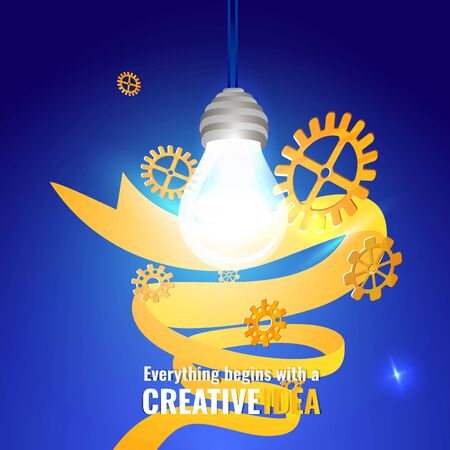 Everything begins with a creative idea poster, cute vector cartoon illustration for web and print. Lamps with gears and lights,  innovation light bulb smart inspiration industry intentionのイラスト素材