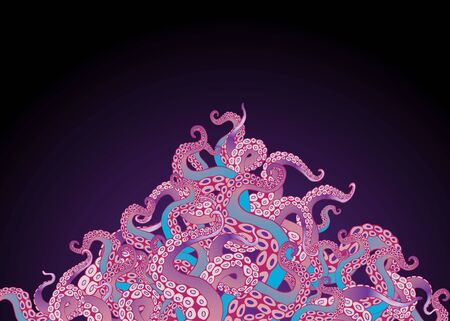 Futuristic background with colorful tentacles of an octopus frame, ocean motive flat cute cartoon illustration for web and print, cute decoration. のイラスト素材