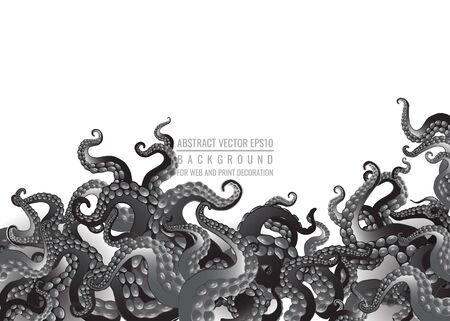 Futuristic background with black and white tentacles of an octopus frame, ocean motive flat cute cartoon illustration for web and print, cute decoration. のイラスト素材