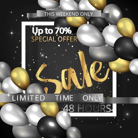 Vector promotion sale flyer, creative golden black and silver decoration,  glitter shiny realistic balloons  coupon,  discount metallic luxury poster.のイラスト素材