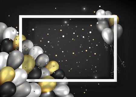 Golden black and silver balloons with white frame on shiny striated  surface, cute concept for elegant  birthday card or sale, luxury abstract backdrop for web and print decorationのイラスト素材