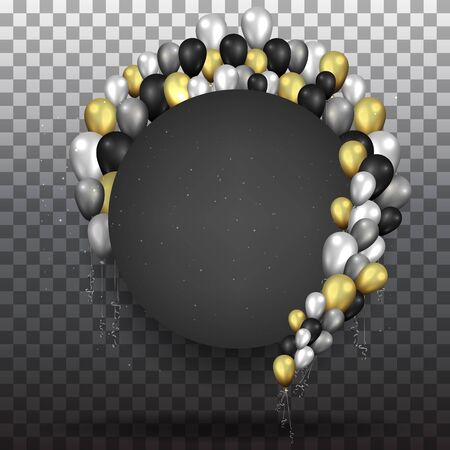 Round empty frame with realistic elegant balloons with tinsel and bokeh decoration , luxury concept for web and print, golden black and silver colorsのイラスト素材