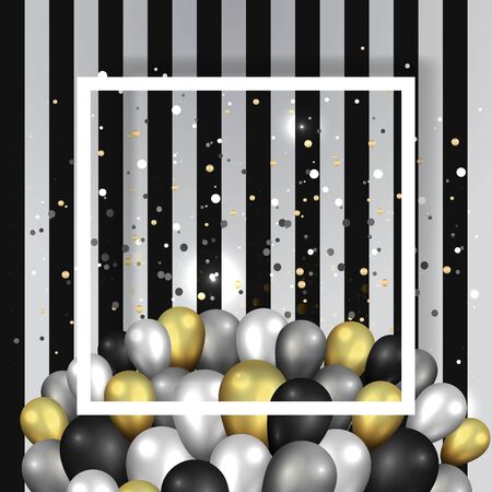 Golden black and silver balloons with white frame on shiny striated black and white surface, cute concept for elegant  birthday card or sale, luxury abstract backdrop for web and print decorationのイラスト素材
