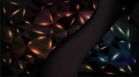 Low poly black dark-grey abstract background, polygonal shapes background triangles mosaic, for web and print, dark crystals backdrop with red yellow  and purple neon lights.のイラスト素材