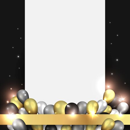Golden black and silver balloons with white frame on shiny black background, cute concept for elegant  birthday card or sale, luxury abstract backdrop for web and print decorationのイラスト素材
