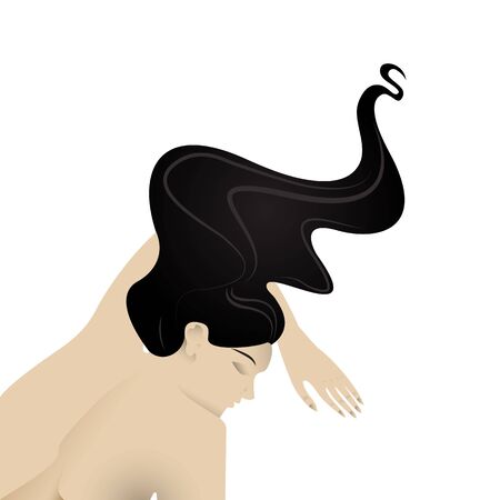 Woman on massage therapy bad with flower on her hair, spa therapy, relaxation with warm stones, with palm leafs. Creative realistic beautiful young lady elegant vector illustration for web and printのイラスト素材