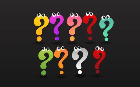 Set of colorful question signs with eyes, FAQ  help. problem solve  realistic vector illustration of ask question mark, 3d shapes.  のイラスト素材