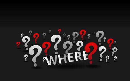 Question signs Where word, FAQ  help. problem solve  realistic vector illustration of ask question mark, 3d shapes.  のイラスト素材