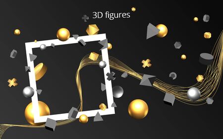 Golden black 3D primitives with white frame, realistic geometric vector illustration for web and print decoration, elegant motion metal and matte figures,creative designのイラスト素材