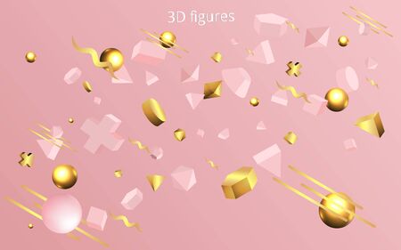 3D pink primitives with golden metallic figures , realistic vector illustration. Elegant motion concept for web and print decoration, geometric luxury creative designのイラスト素材