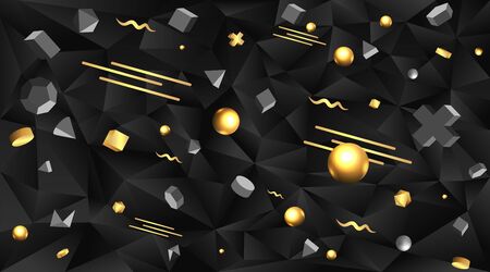 Golden black 3D primitives  realistic geometric vector illustration for web and print decoration, elegant motion metal and matte figures,creative designのイラスト素材