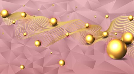 Low poly elegant triangles  background with golden metal spheres, trendy  3d luxury abstraction for web and print decoration geometric concept.のイラスト素材