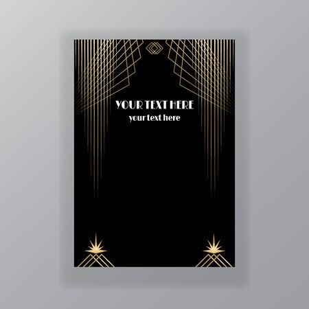 Art Deco elegant golden black page template, retro  style for web and print, city and the lights with golden geometric lines pattern. Modern design for menu or flyer, luxury gentle invitationのイラスト素材