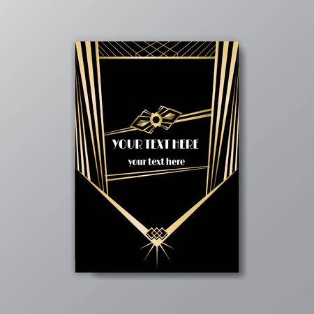 Art Deco elegant golden black page template, retro  style for web and print, city and the lights with golden geometric lines pattern. Modern design for menu or flyer, luxury gentle invitationのイラスト素材