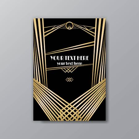 Art Deco elegant golden black page template, retro  style for web and print, city and the lights with golden geometric lines pattern. Modern design for menu or flyer, luxury gentle invitationのイラスト素材