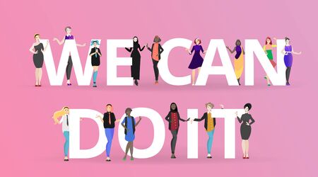 We can do it slogan with different women, diverse ladyâs from our world, African, American, Arabic, Indian , hipster female and in traditional clothes. Feminism, girl power, sisterhood のイラスト素材
