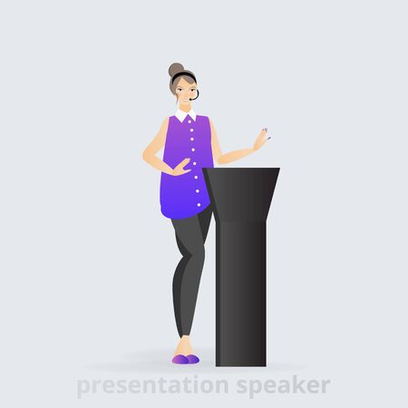 Cartoon beautiful smiling Woman speaker giving speech from tribune  business lady, vector illustration, leadership trait, professional presenting  character feminism のイラスト素材