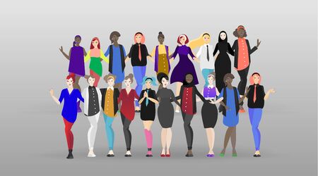 Beautiful women diverse standing together. In different clothes authentic and hipster, hippie and traditional. Many ladyâs from around the world vector illustration, female friends, union sisterhood.のイラスト素材