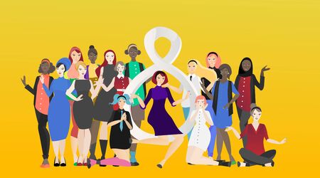 Portrait of modern society female, 8 march international women's day, various variations of lady's, together, sisterhood of different cultures 
 girls.Celebration of freedom feminism, greeting cardのイラスト素材