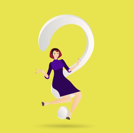Beautiful woman with question sign, giving help, FAQ cartoon  vector illustration, answers and questions decoration. Leadership trait, professional presenting  character feminismのイラスト素材
