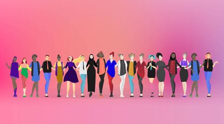 Beautiful women diverse standing together. In different clothes authentic and hipster, hippie and traditional. Many ladyâs from around the world vector illustration, female friends, union sisterhood.のイラスト素材