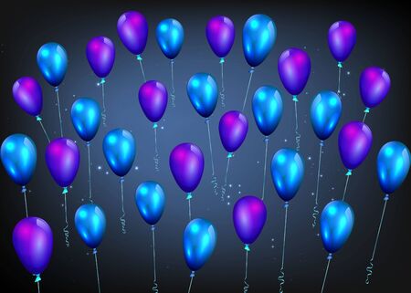 Shiny purple and metallic blue balloons with white frame on shiny striated  surface, cute concept for elegant  birthday card or sale, luxury abstract backdrop for web and print decoration のイラスト素材