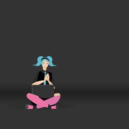 Working woman sitting on the floor wo, freelance successful job. Female  manager at a remote job, online assistant at work, promotion in the network. Cute cartoon vector illustration for web and printのイラスト素材